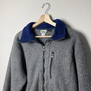 vintage ll bean grey and blue sherpa fleece full zip deep pile jacket